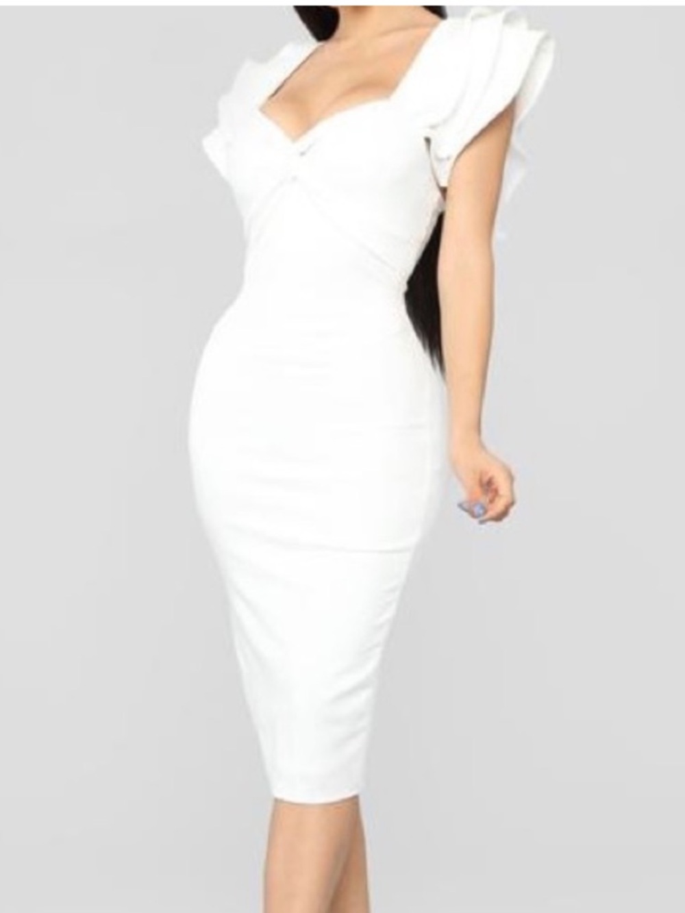 Fashion Nova White Ruffle-Sleeve Sweetheart Midi Dress